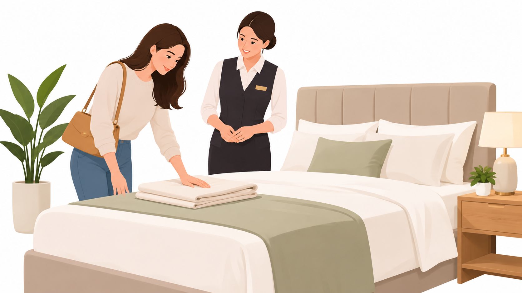 A hotel housekeeper showing premium bedding to a guest standing by a neatly made hotel room bed.