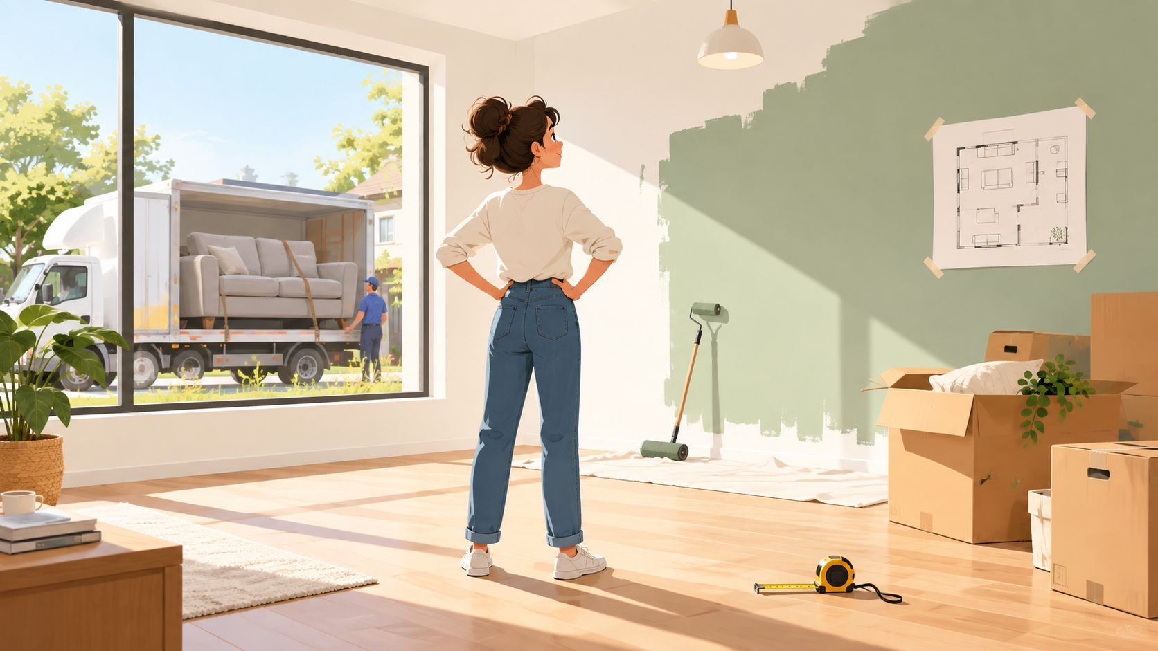 A young woman stands in her newly painted living room as furniture is delivered in the background.