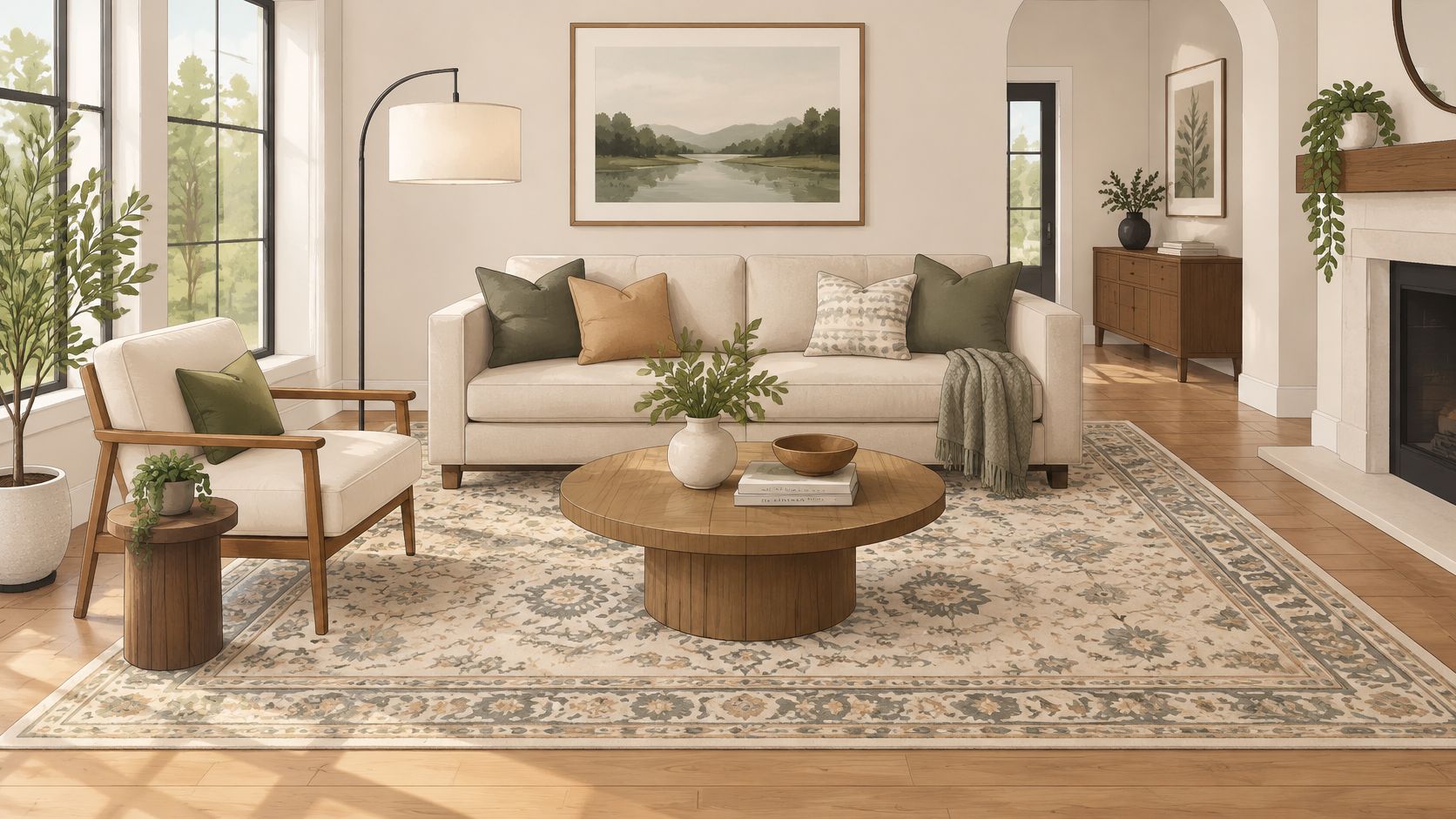 A cozy, well-lit living room featuring a neutral sofa, wooden coffee table, armchair, and elegant home decor.