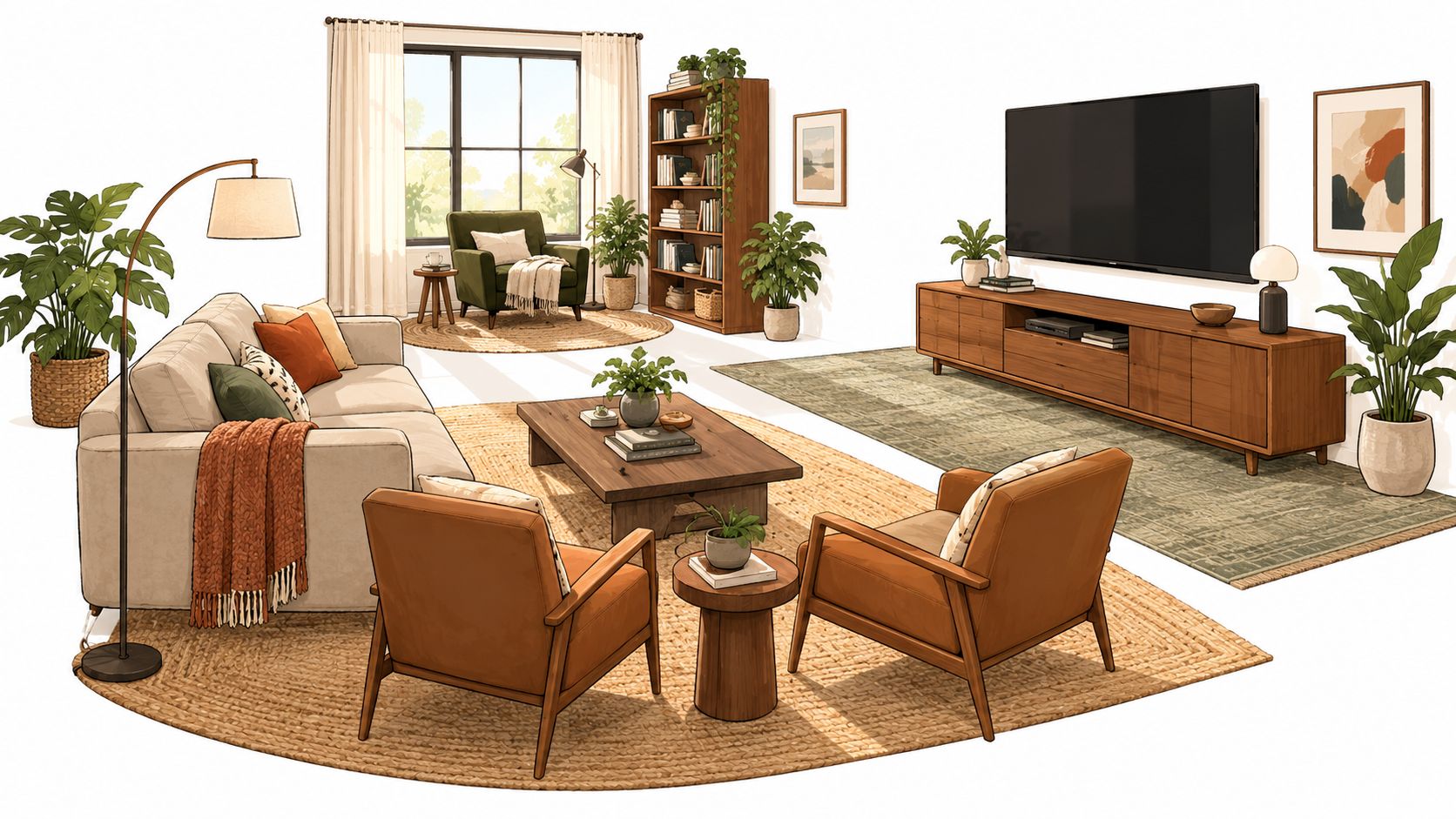 A cozy, sunlit living room featuring beige sofas, brown accent chairs, wooden furniture, and decorative indoor plants.