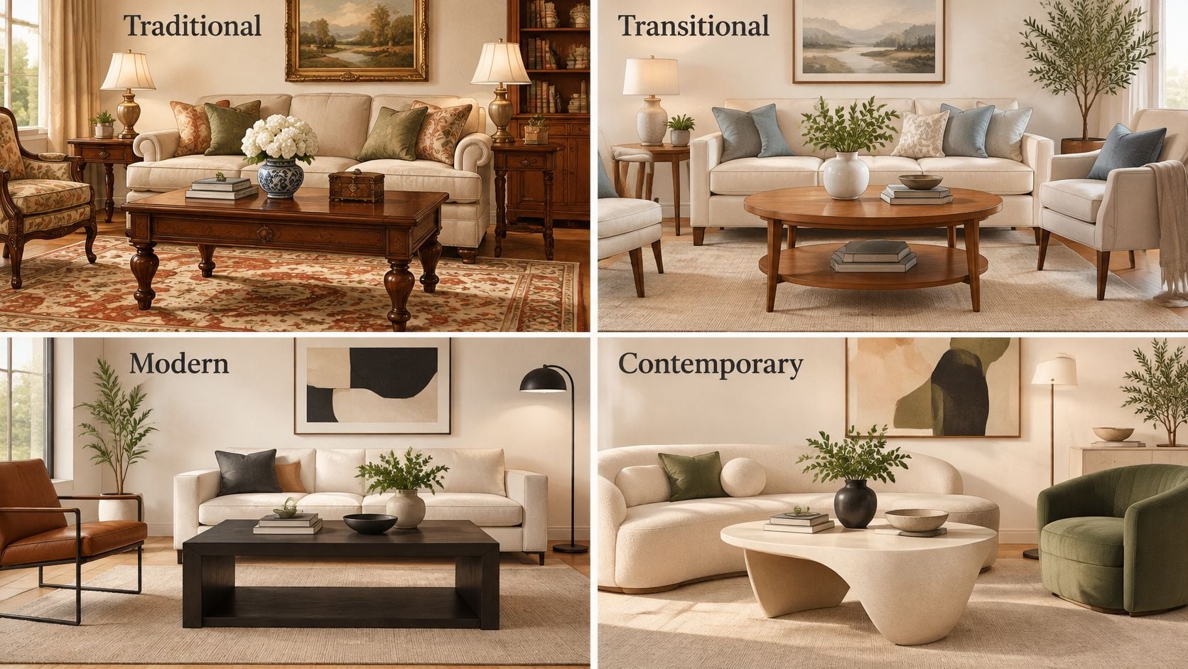 A four-part collage showing various interior design styles including traditional, transitional, modern, and contemporary living room furniture.