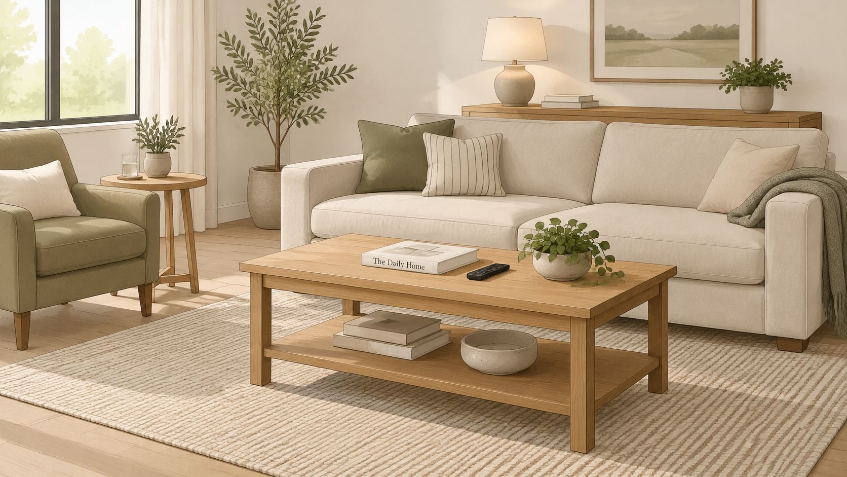 A cozy, neutral-toned living room featuring a wooden coffee table, comfortable sofa, and a green armchair.