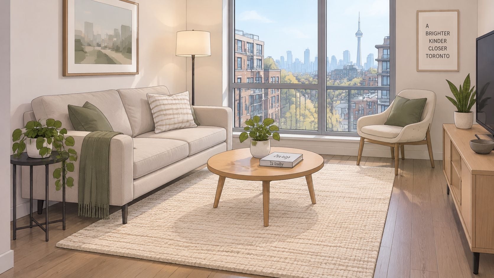 A modern and cozy living room featuring a sofa, a coffee table, and large window views of Toronto.