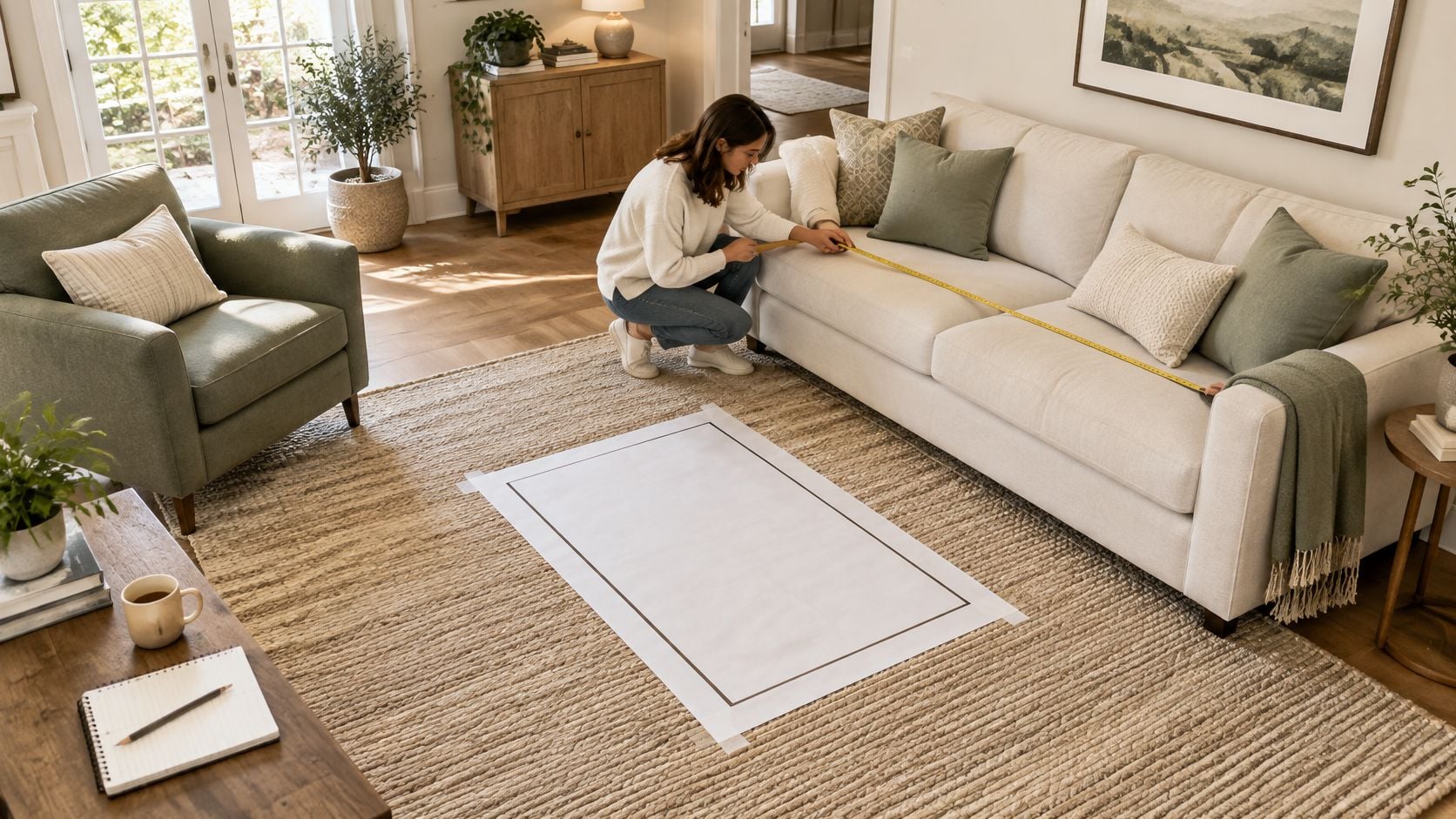 A woman measuring a beige sofa in a modern, cozy living room with a neutral area rug.