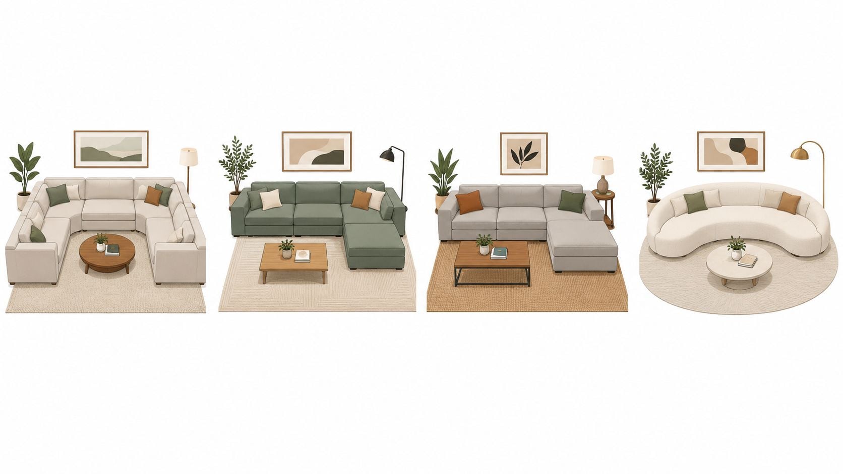 Four different living room interior design arrangements featuring various sectional couches, area rugs, coffee tables, and wall decor.