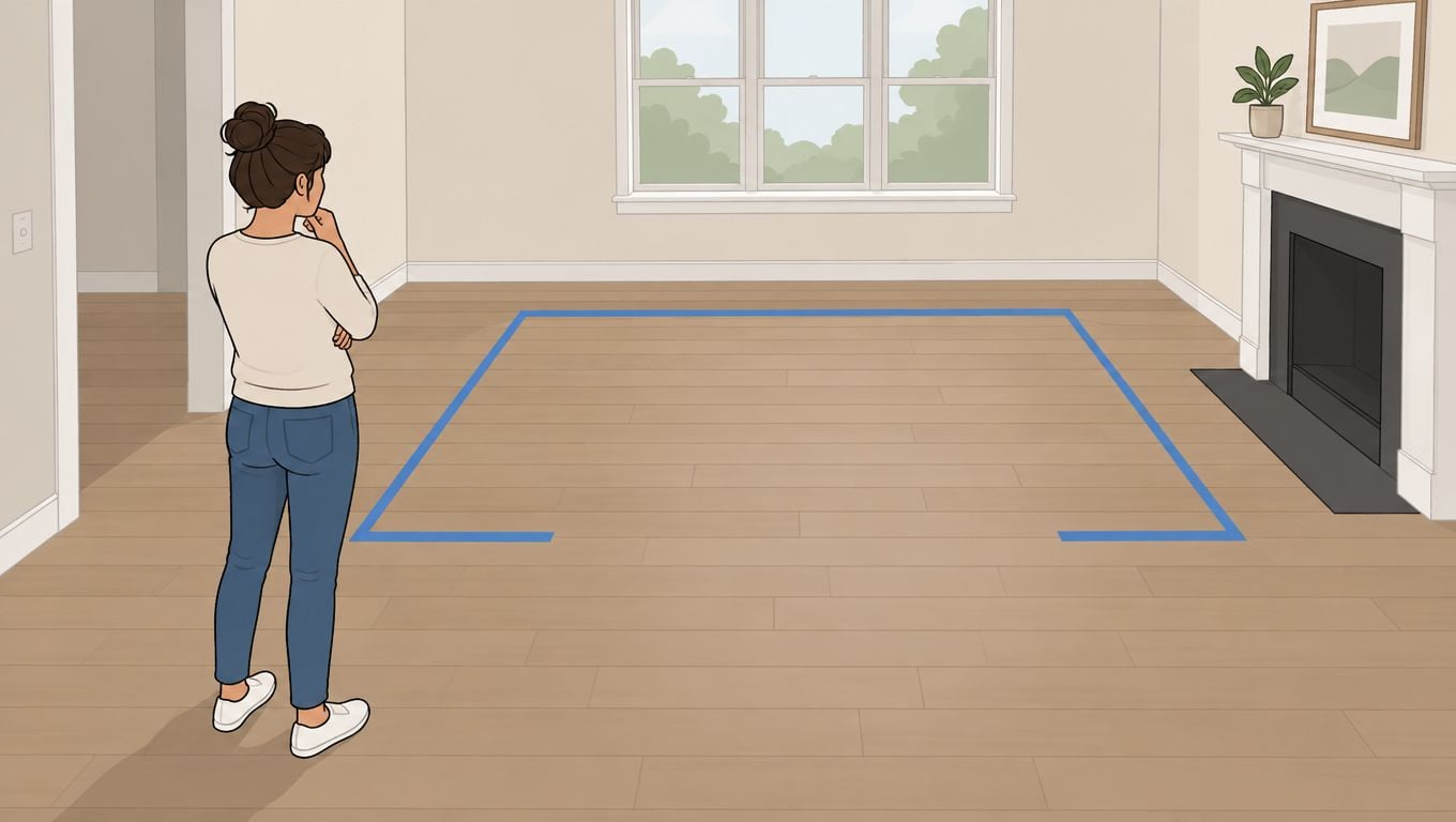 A woman stands in a living room looking at a blue tape outline on the floor.