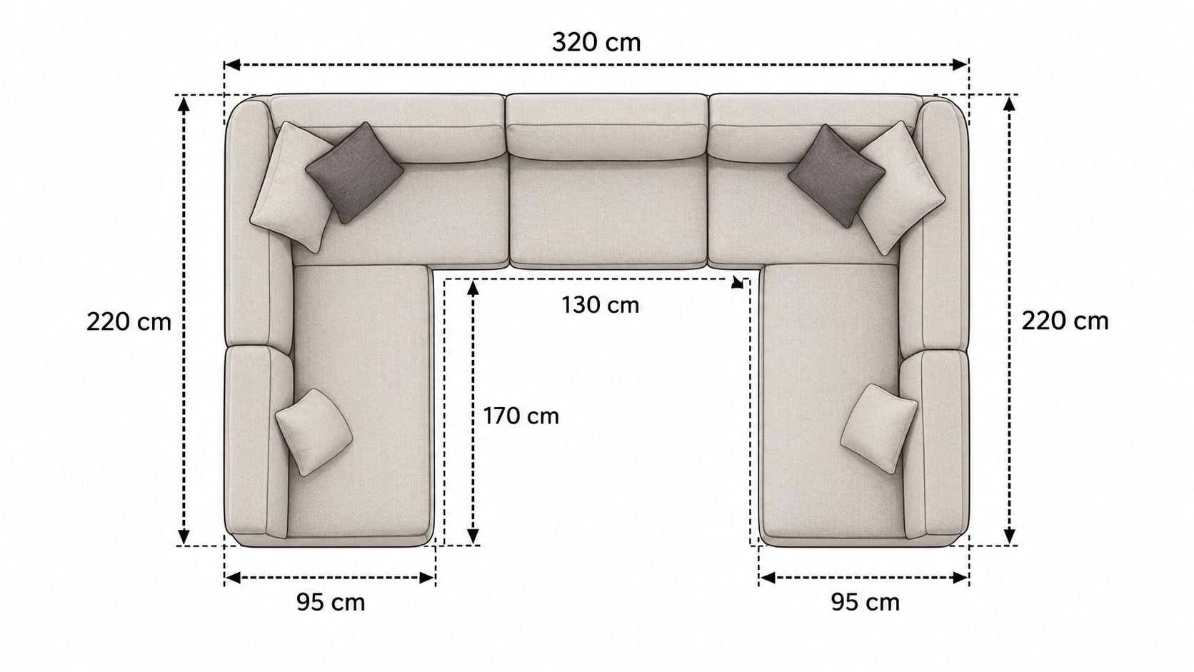 A top-down architectural view of a cream-colored U-shaped sectional couch with labeled dimensions for living room layout.